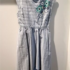 Tea Collection Light Blue Striped Dress with Teal Floral Embroidery